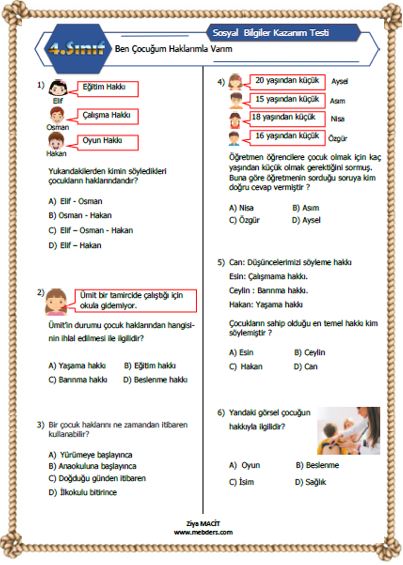 4. Sınıf Sosyal Bilgiler Ben Çocuğum Haklarım Var Kazanım Testi