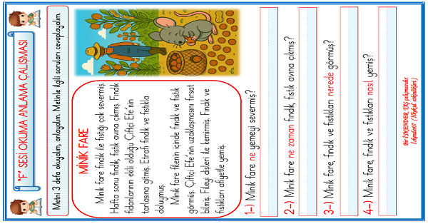 1. Sınıf İlk Okuma Yazma F-f Sesi Okuma Anlama Çalışması