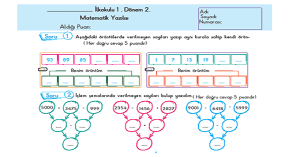 4.Sınıf Matematik Dersi 1.Dönem 2.Yazılısı