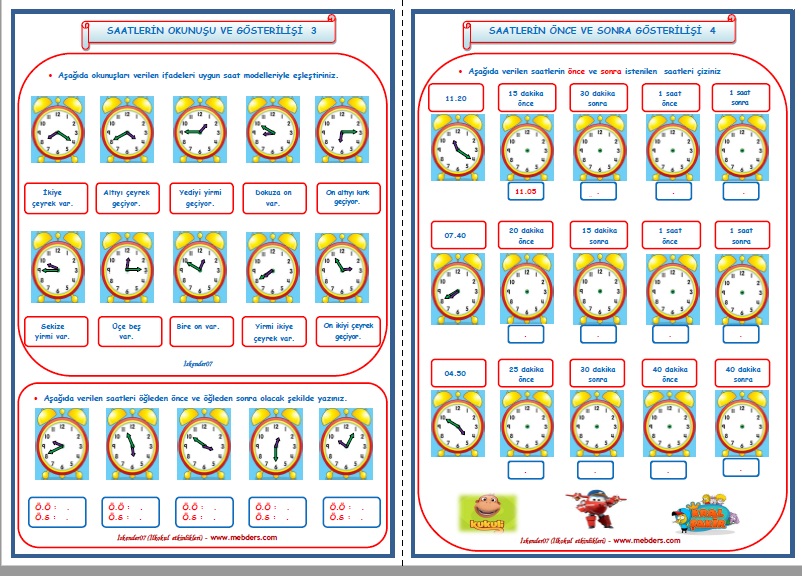 3.Sınıf Matematik Saatlerin Okunuşu ve Gösterilişi   3-4    (2 Sayfa)