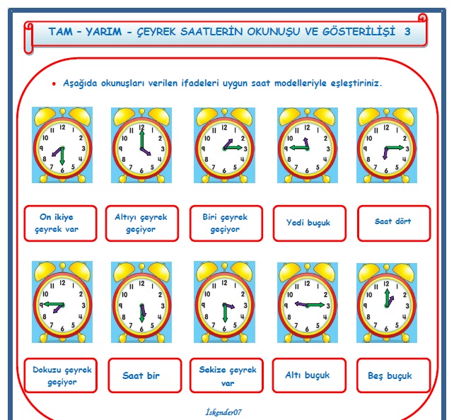 2.Sınıf Matematik Tam  Yarım Çeyrek Saatlerin Okunuşu ve Gösterilişi  3