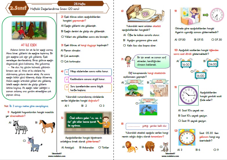 2.Sınıf Haftalık Değerlendirme Testi - 28.Hafta (04-08 Nisan)