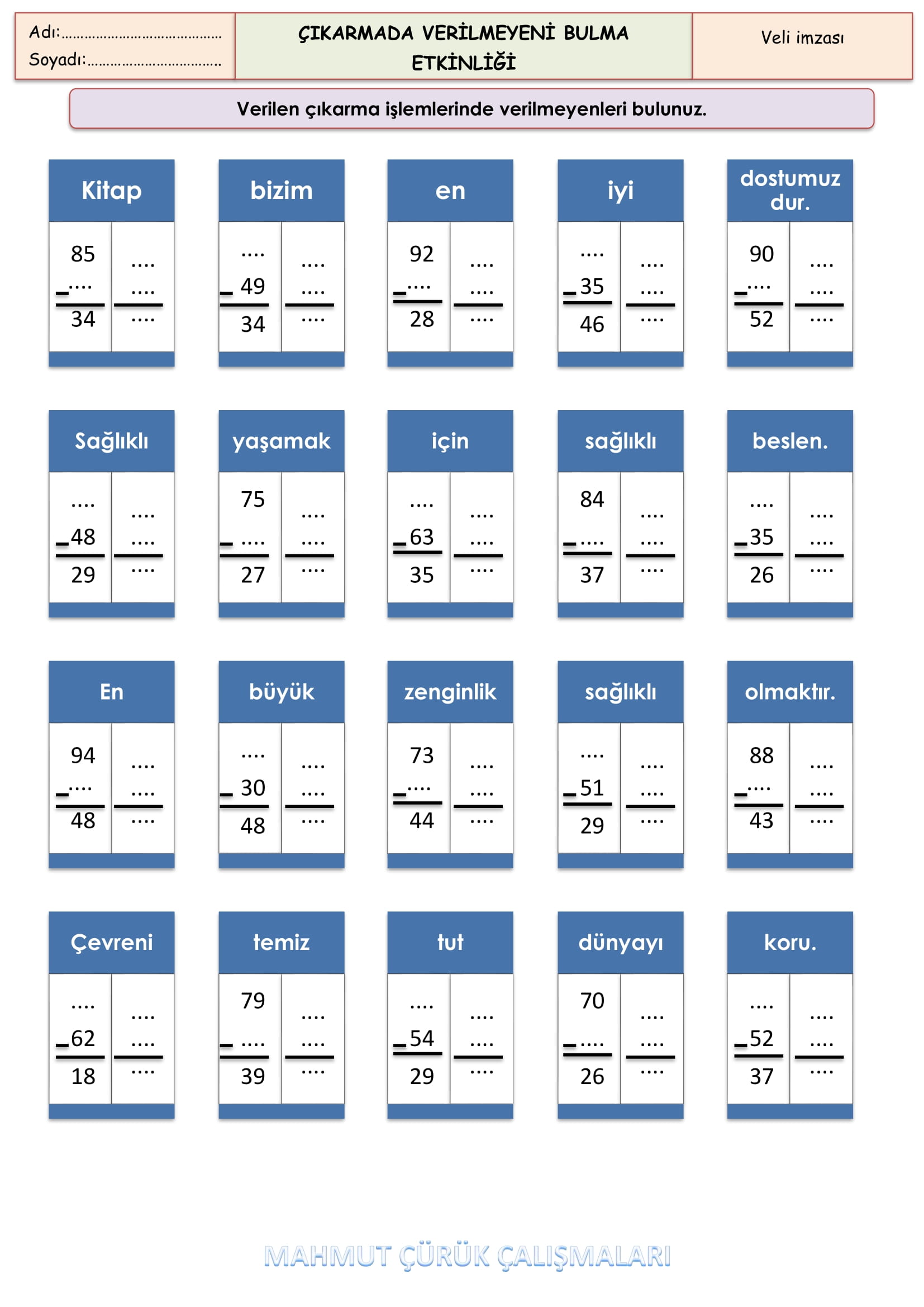 2.Sınıf - Matematik - Çıkarmada Verilmeyeni Bulma Etkinliği-2