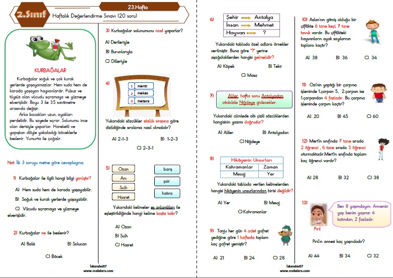 2.Sınıf Haftalık Değerlendirme Testi - 23.Hafta (06-10 Mart)