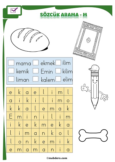 1.Sınıf İlkokuma Boyamalı Sözcük Arama Etkinliği - M Sesi