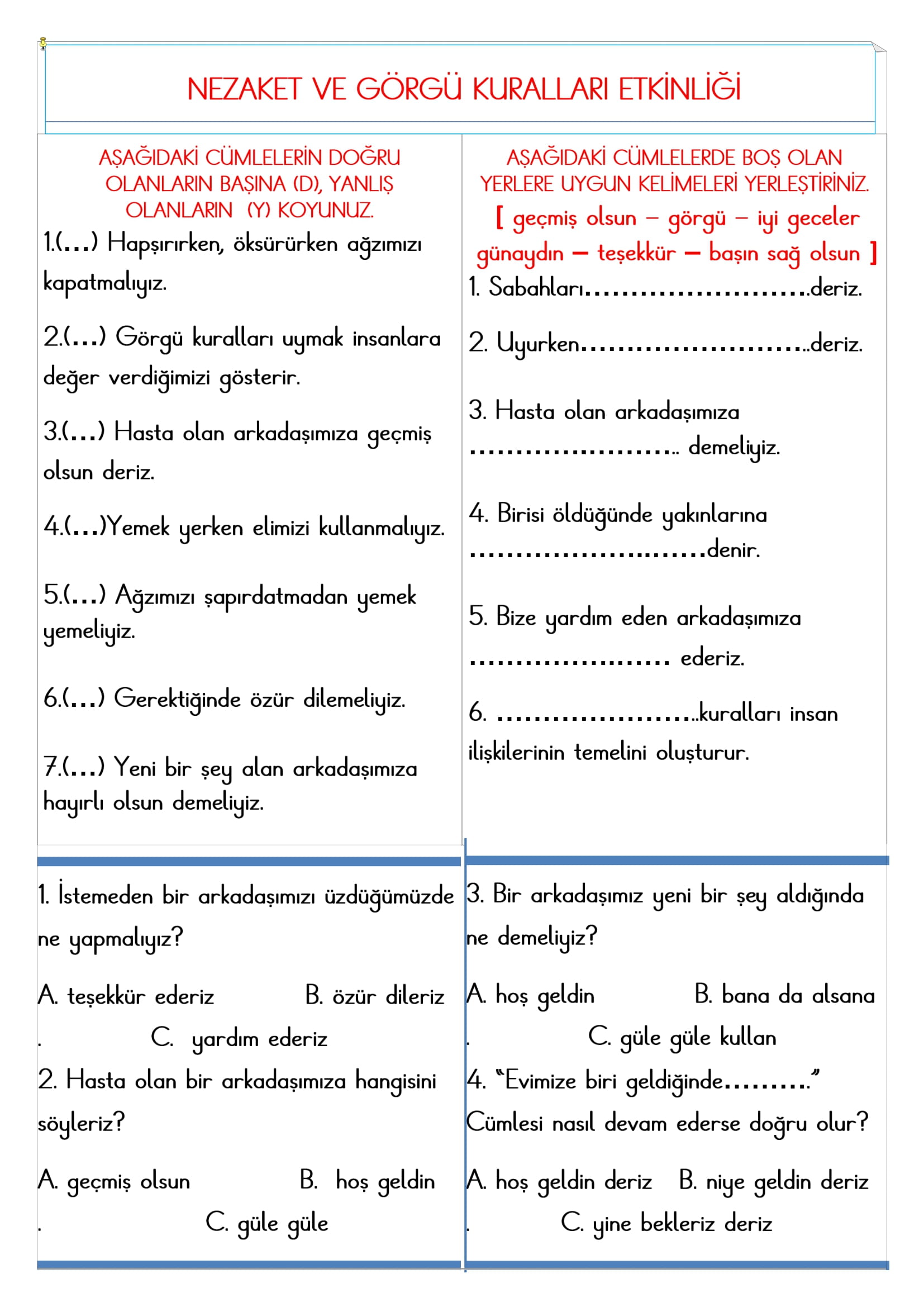 2.Sınıf - Hayat Bilgisi Nezaket ve Görgü Kuralları Etkinliği