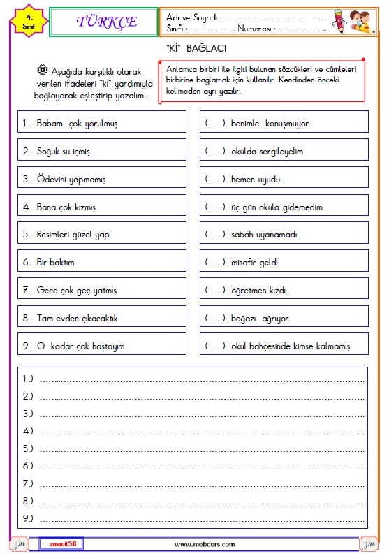 4. Sınıf Türkçe Ki Bağlacı  Etkinliği 1