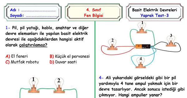 4.Fen Bilimleri Basit Elektrik Devreleri Yaprak Test 3