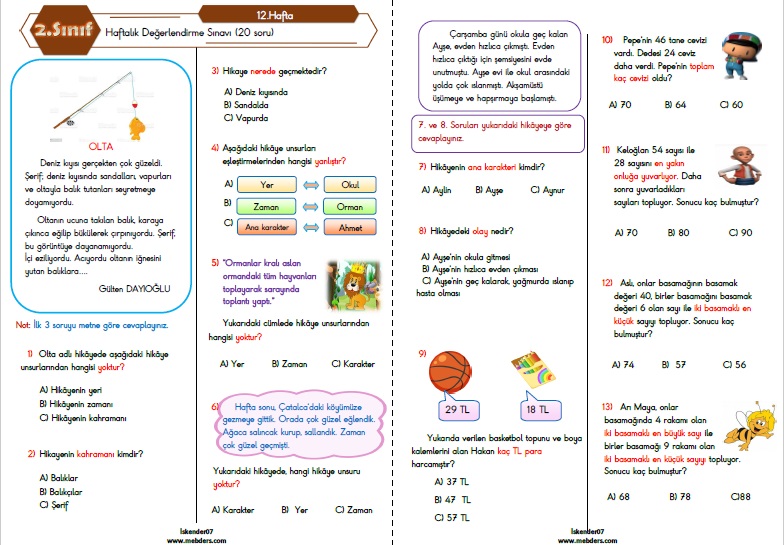 2.Sınıf Haftalık Değerlendirme Testi - 12.Hafta (29 Kasım-03 Aralık)