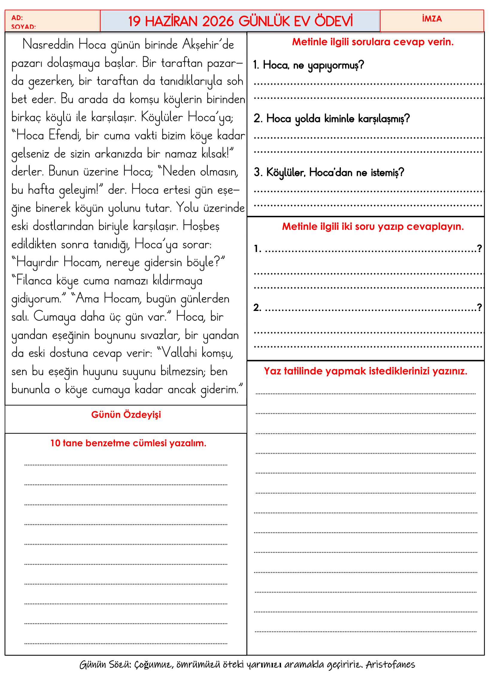 4.Sınıf - 19 Haziran 2026 Günlük Ev Ödevleri
