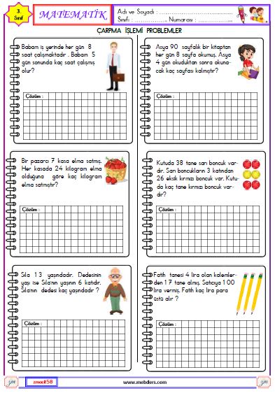3. Sınıf Matematik Çarpma İşlemleri Problemleri Etkinliği 1
