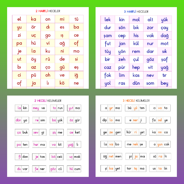 1. Sınıf - Akıcı Okumaya Yardımcı Hece-Kelime Tabloları (8 Sayfa)