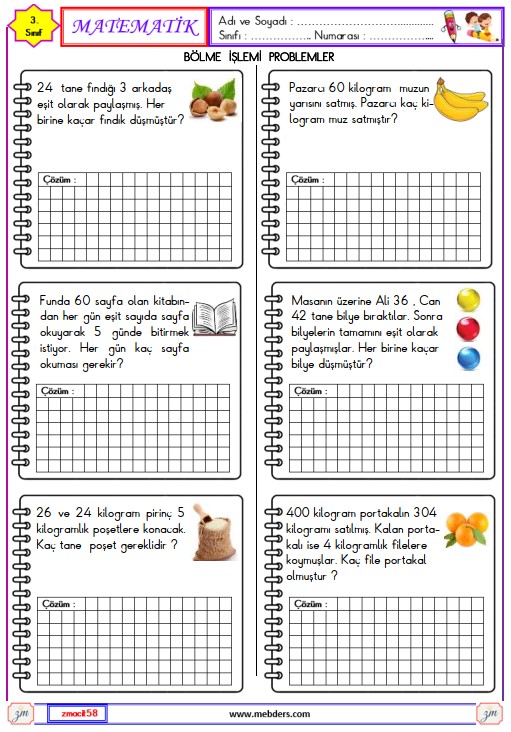 3. Sınıf Matematik Bölme İşlemi Problemler Etkinliği 1