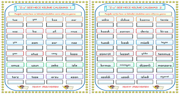 1. Sınıf İlk Okuma Yazma Z Sesi Hece Kelime Okuma Yazma Çalışması