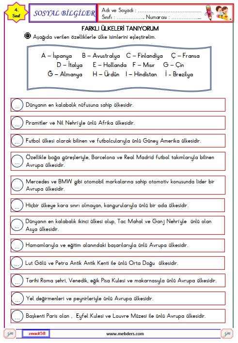 4. Sınıf Sosyal Bilgiler Farklı Ülkeleri Tanıyorum Etkinliği 3