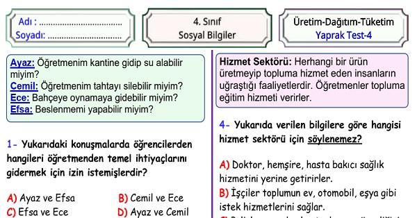 4.Sınıf Sosyal Bilgiler Üretimden Tüketime Yaprak Test 4