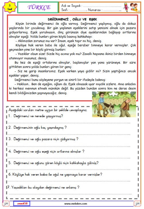 3. Sınıf Türkçe Okuma ve Anlama Metni Etkinliği ( Değirmenci, Oğlu ve Eşek )