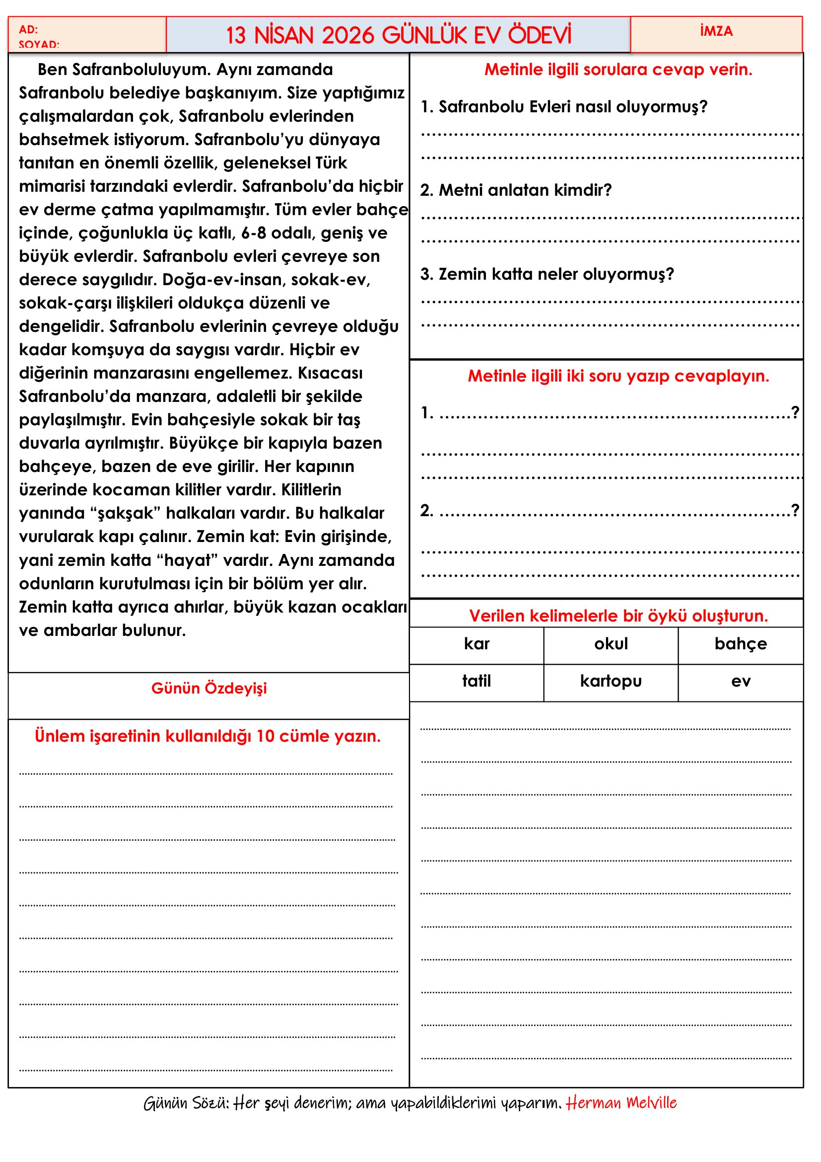 4.Sınıf - 13 Nisan 2026 Günlük Ev Ödevleri