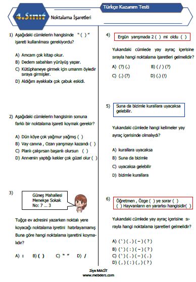 4. Sınıf Türkçe  Noktalama İşaretleri   Kazanım Testi