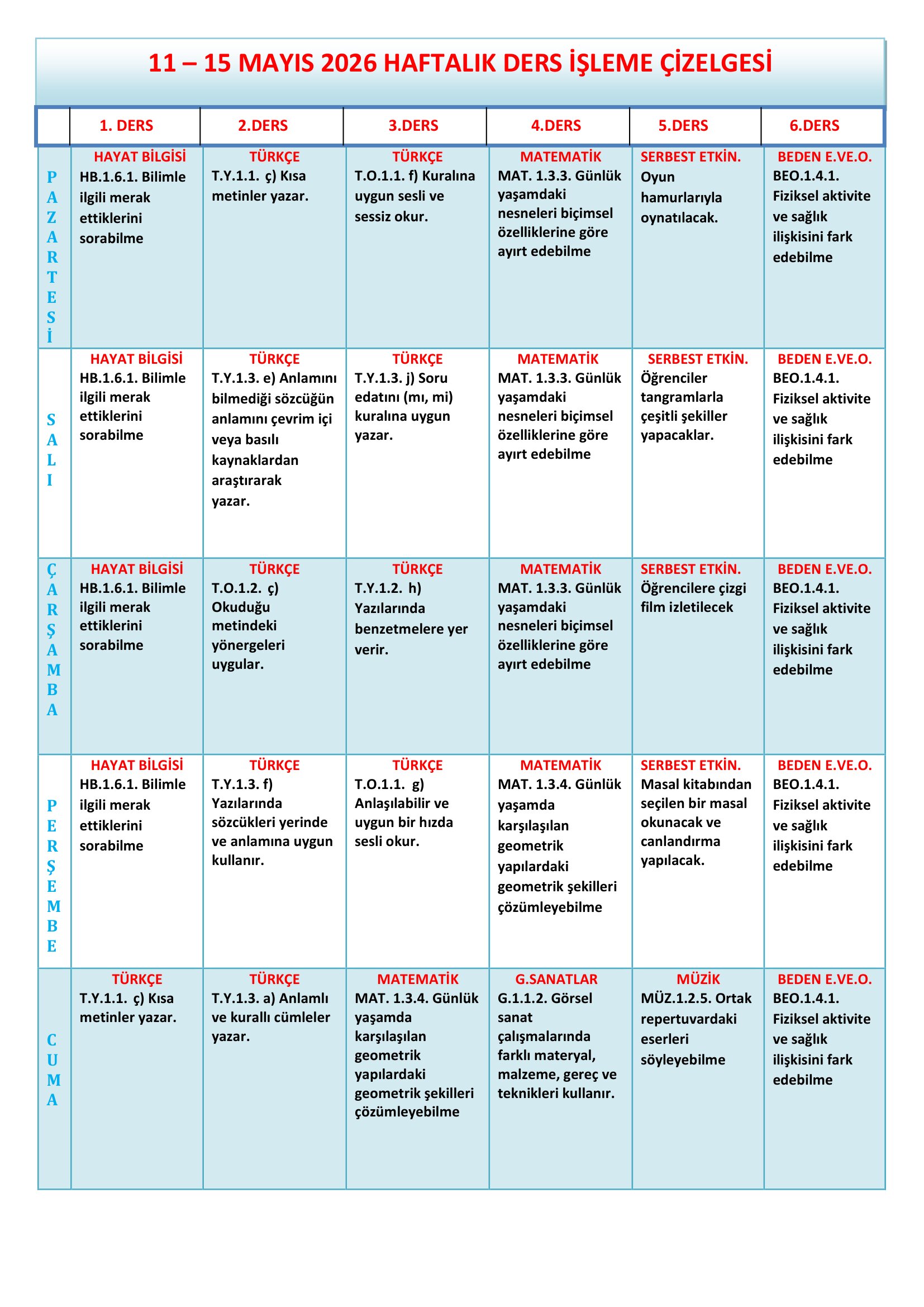 1.Sınıf 11 - 15 Mayıs 2026 Haftalık Ders İşleme Çizelgesi.doc