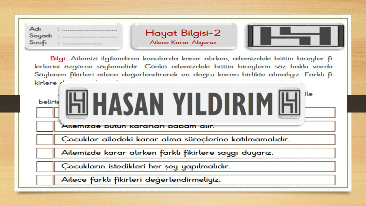 2.Sınıf Hayat Bilgisi Ailece Karar Alıyoruz Çalışma Sayfası