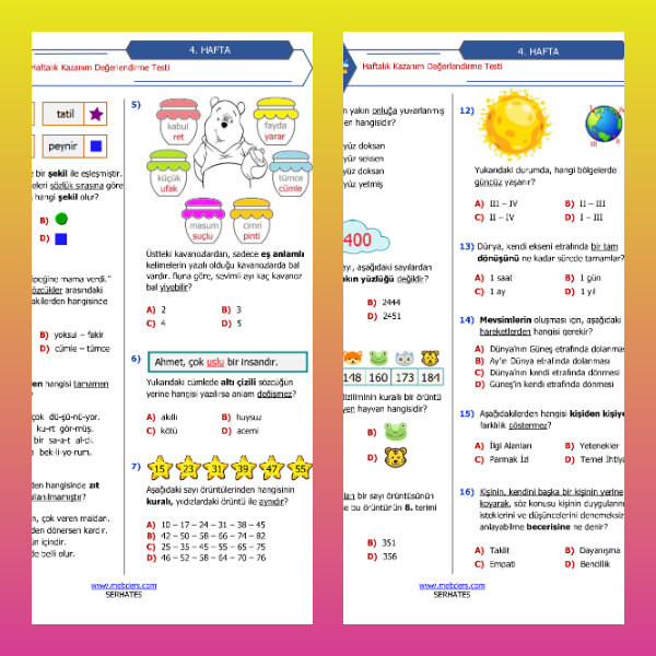 4. Sınıf Haftalık Değerlendirme Testi - 4. Hafta