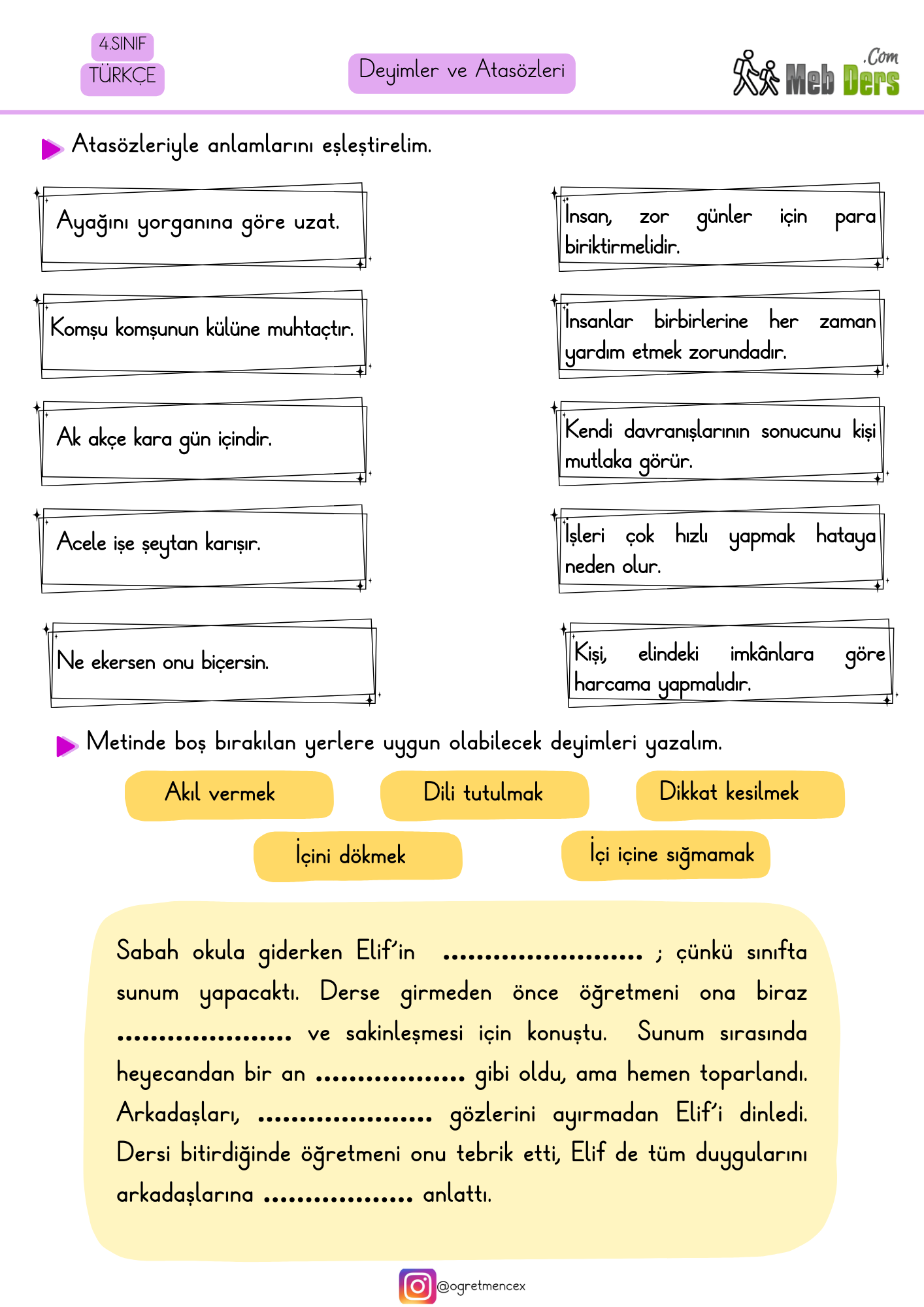 4. Sınıf Türkçe Atasözleri ve Deyimler Çalışması