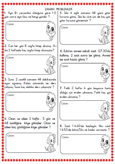 3. Sınıf Matematik Zaman Problemleri Etkinlikleri