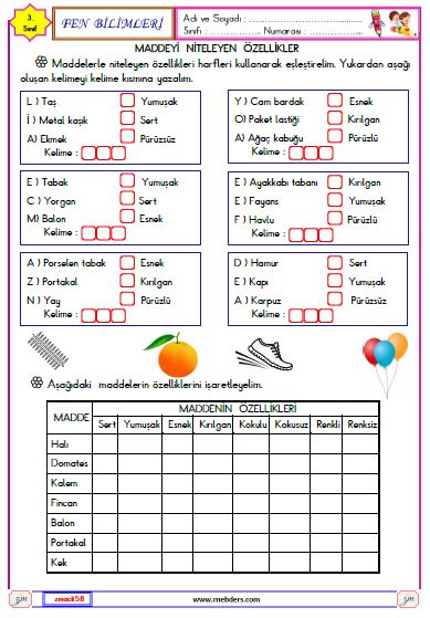 3. Sınıf Fen Bilimleri Maddeyi Niteleyen Özellikler Etkinliği 3