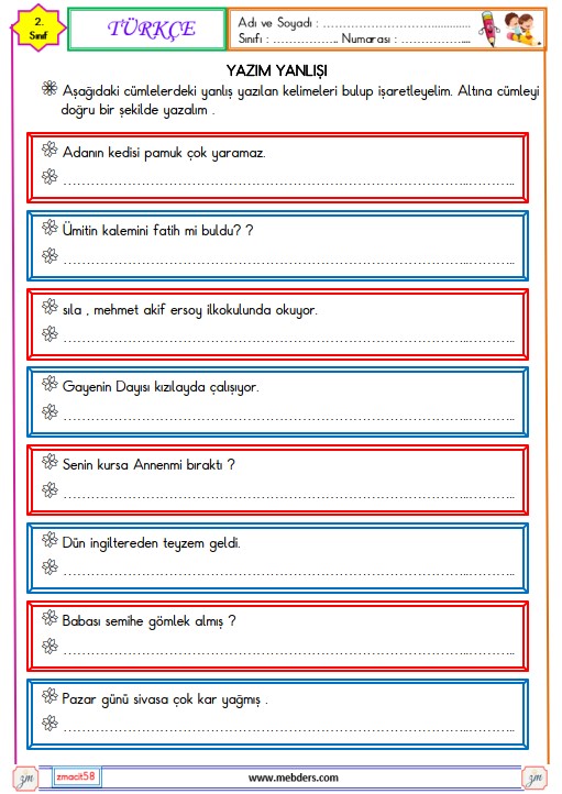 2. Sınıf Türkçe Yazım Yanlışları Etkinliği