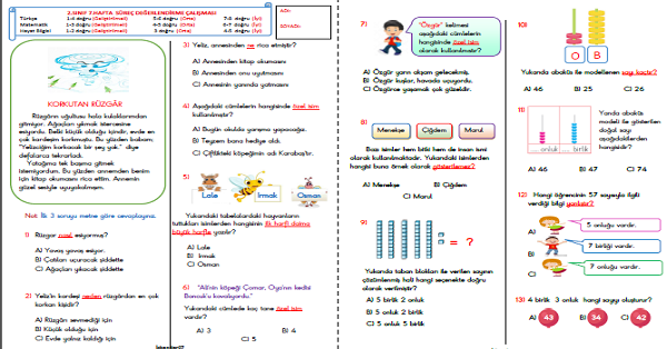 2. Sınıf Haftalık Kazanım Değerlendirme Testi 7. Hafta (26 - 30 Ekim)