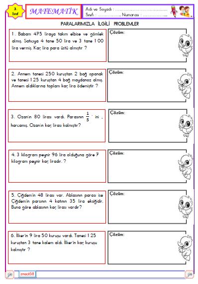 3. Sınıf Matematik Paralarımızla İlgili Problemler Etkinliği 4