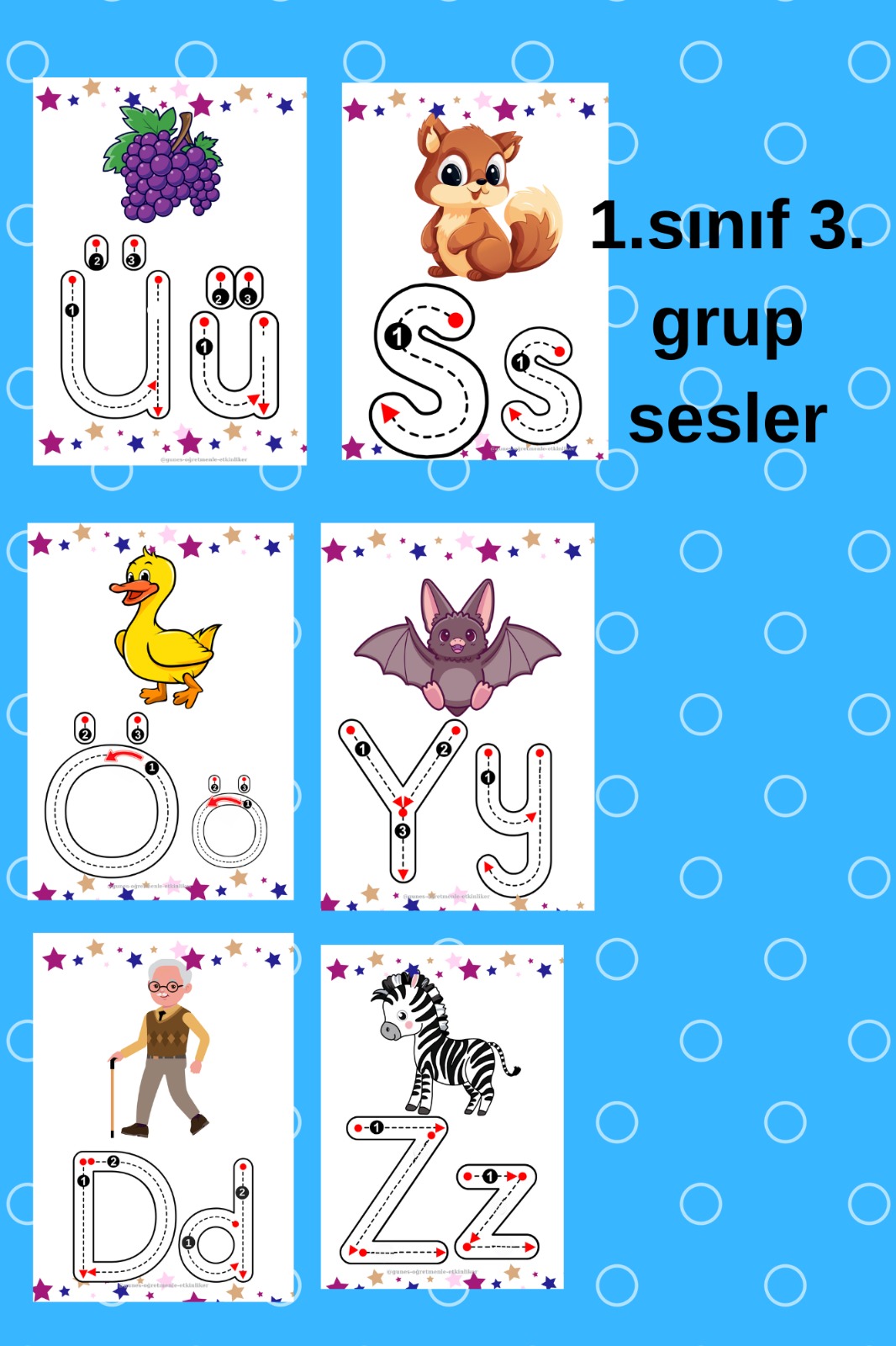1.sınıf İlk Okuma Yazma 3. Grup Ü-S-Ö-Y-D-Z Ses Kartları