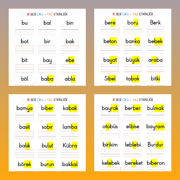 1. Sınıf İlkokuma Yazma - B Sesi Kelime Oku Yaz Etkinliği
