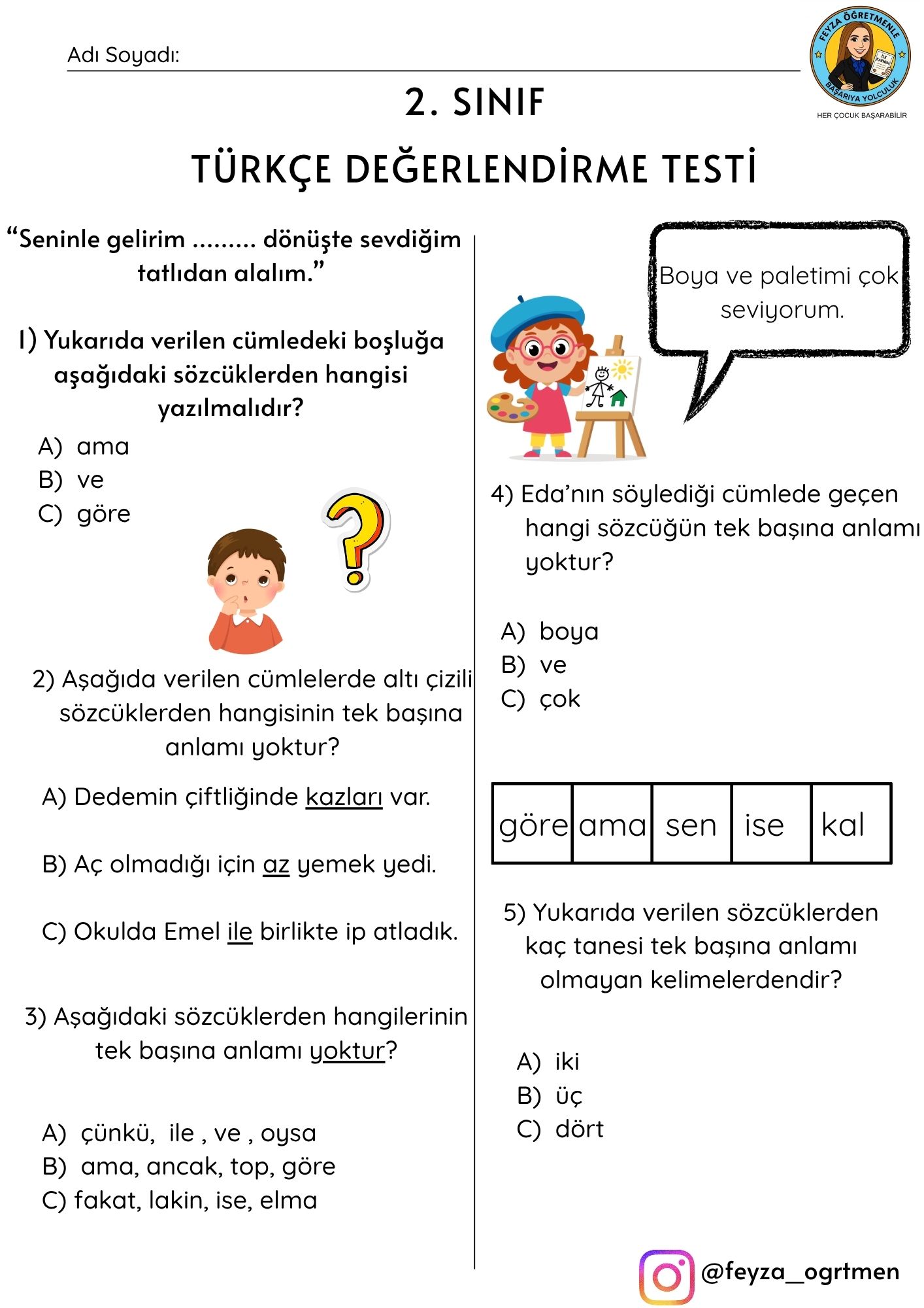 2. Sınıf Türkçe-Matematik Dersinden Haftalık Değerlendirme Testi