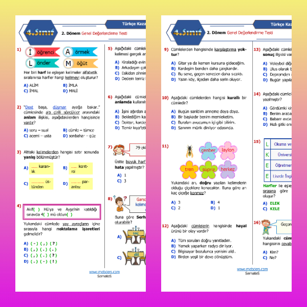 4. Sınıf Türkçe - 2. Dönem Genel Değerlendirme Testi