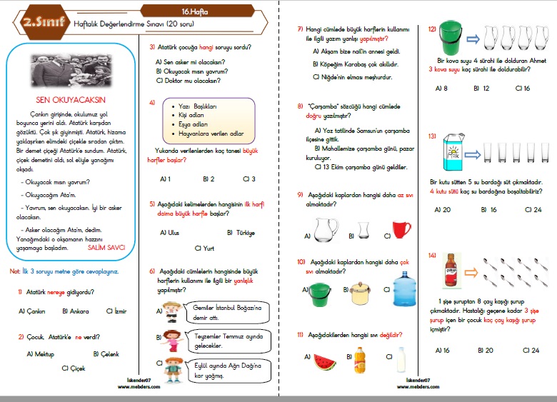 2.Sınıf Haftalık Değerlendirme Testi - 16.Hafta (27-31 Aralık)