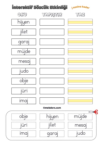 İnteraktif Sözcük Etkinliği - J Sesine Kadar