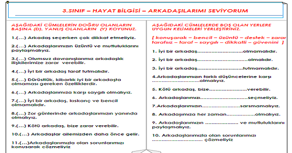 3.Sınıf - Hayat Bilgisi Arkadaşlarımı Seviyorum Etkinliği
