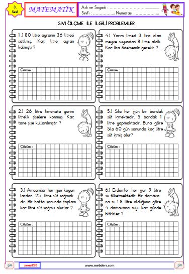 3. Sınıf Matematik Sıvıları Ölçme ile İlgili Problemler Etkinliği 1