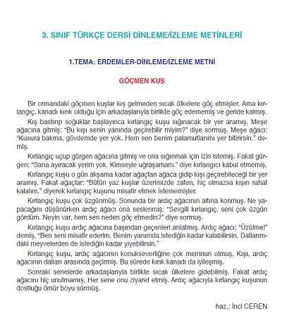 2018-2019 Yılı 3.Sınıf Türkçe SDR Yayıncılık Dinleme / İzleme Metinleri pdf