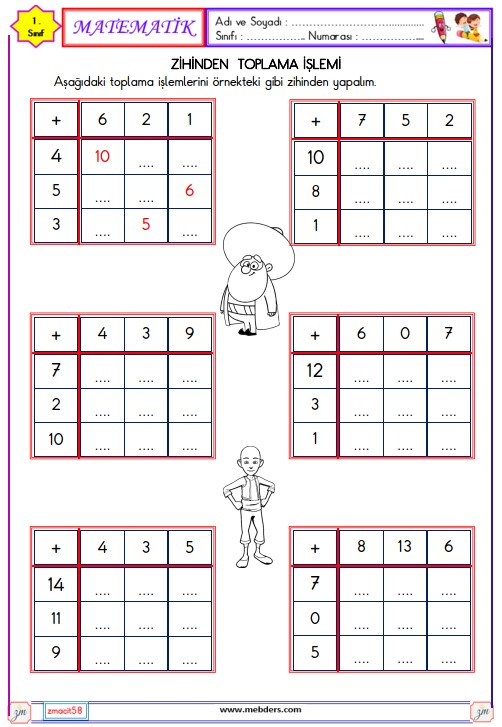 1. Sınıf Matematik Zihinden Toplama İşlemi Etkinliği 5