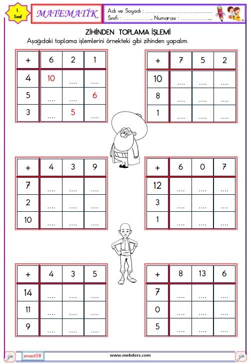 1. Sınıf Matematik Zihinden Toplama İşlemi Etkinliği 5