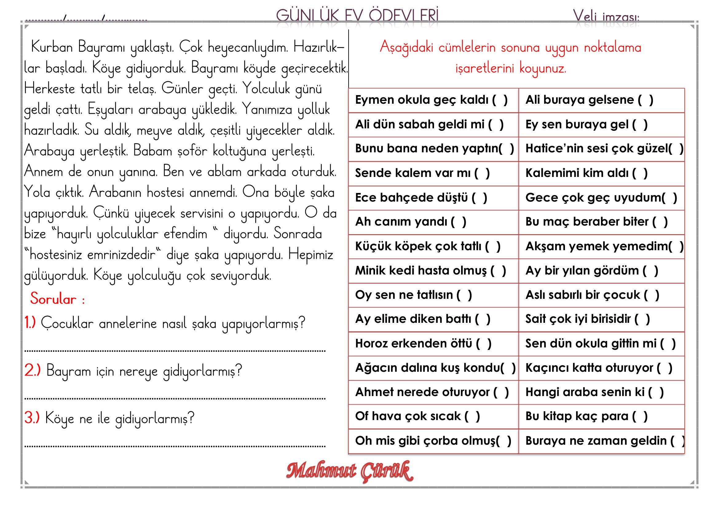 1.Sınıf - 11 Mayıs 2026 Günlük Ev Ödevleri