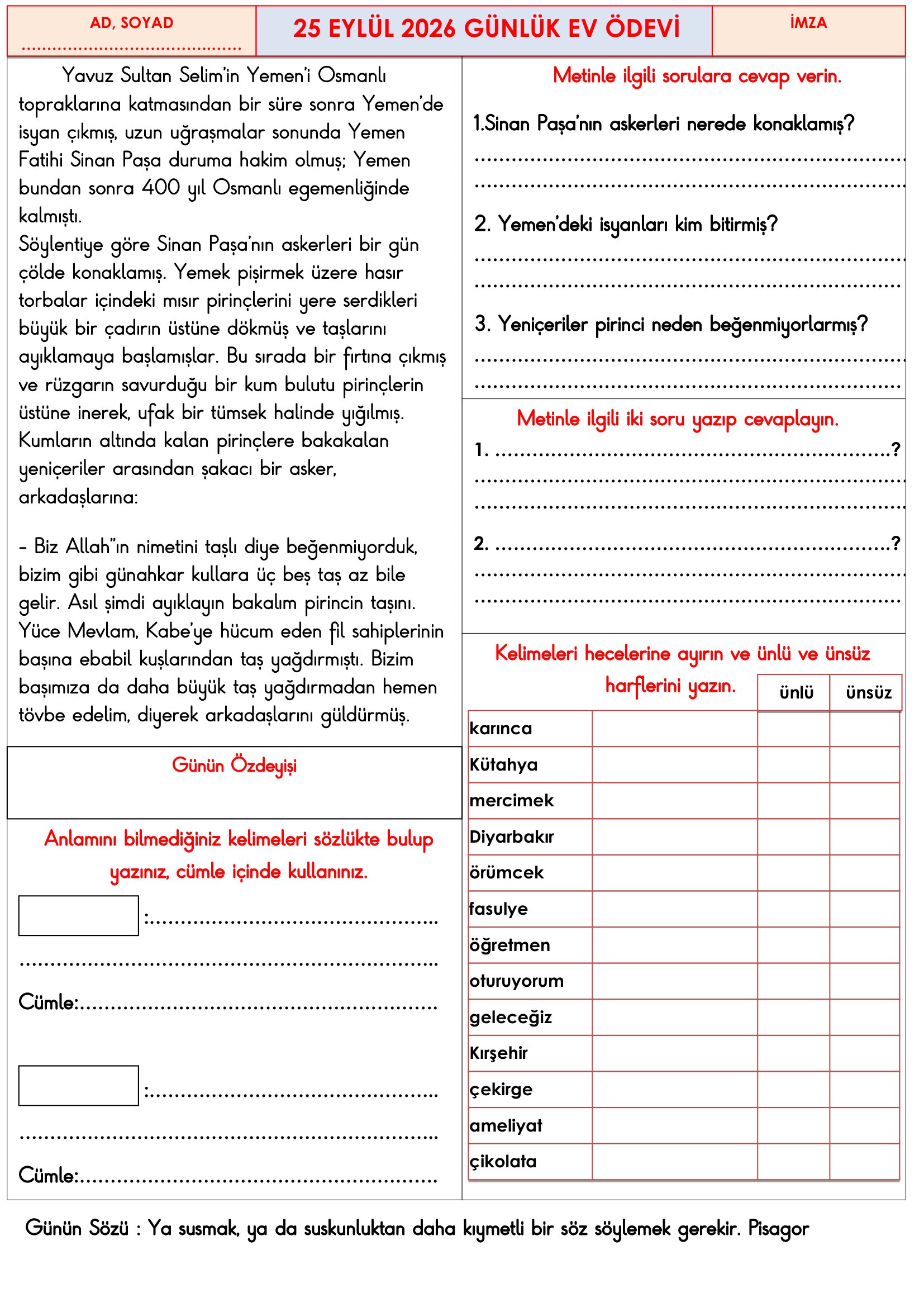 3.Sınıf - 25 Eylül 2026 Günlük Ev Ödevleri