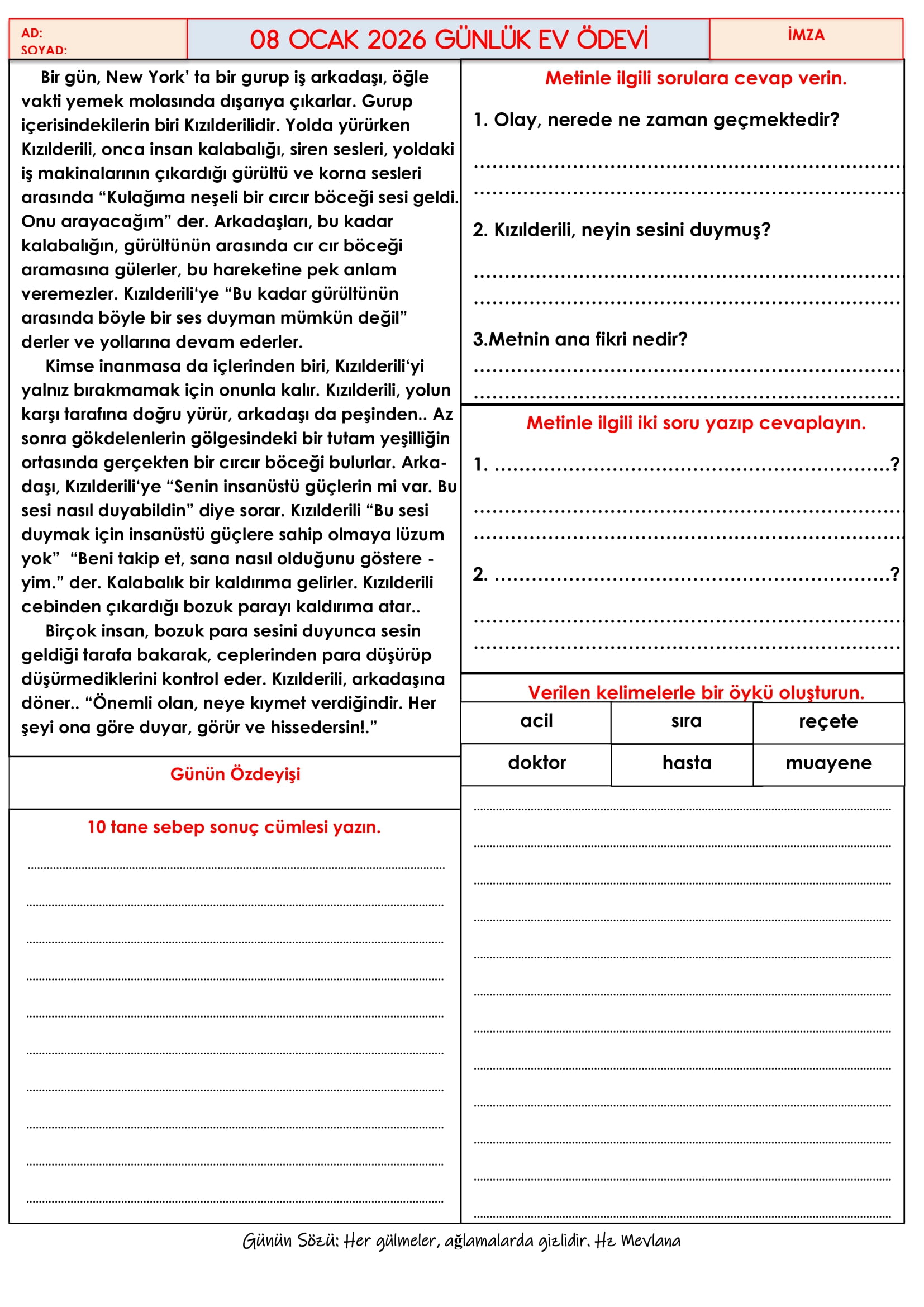 4.Sınıf - 08 Ocak 2026 Günlük Ev Ödevleri