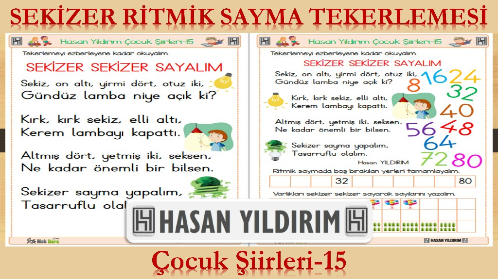 Sekizer Ritmik Sayma Tekerlemesi (Çocuk Şiirleri-15)