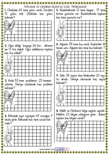 1. Sınıf Matematik Toplama ve Çıkarma İşlemi Problemleri Etkinliği 2