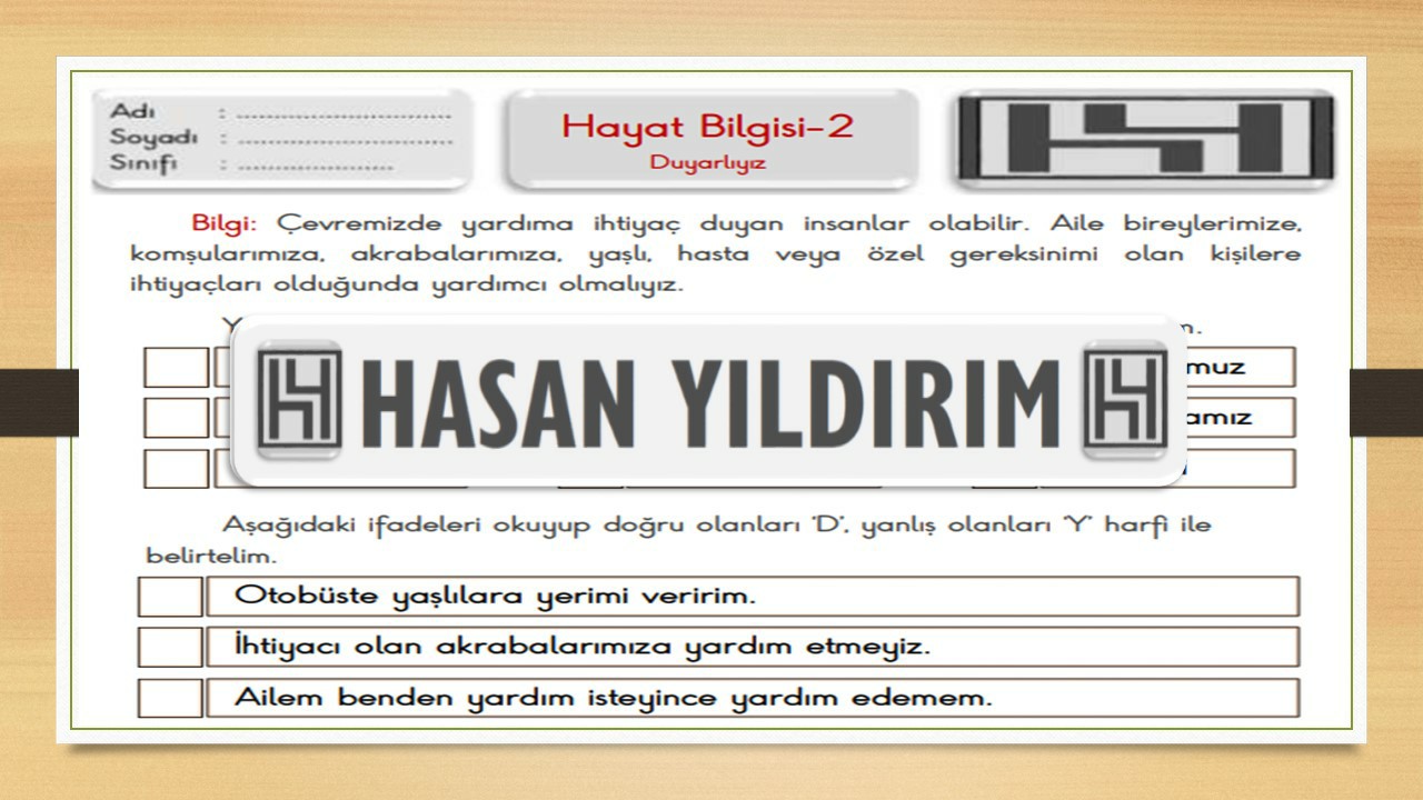 2.Sınıf Hayat Bilgisi Duyarlıyız Çalışma Sayfası