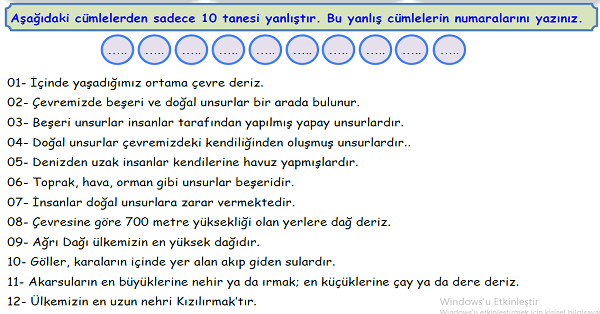 4.Sınıf Sosyal Bilgiler Yaşadığımız Yer  Ünitesi Doğru-Yanlış Etkinliği